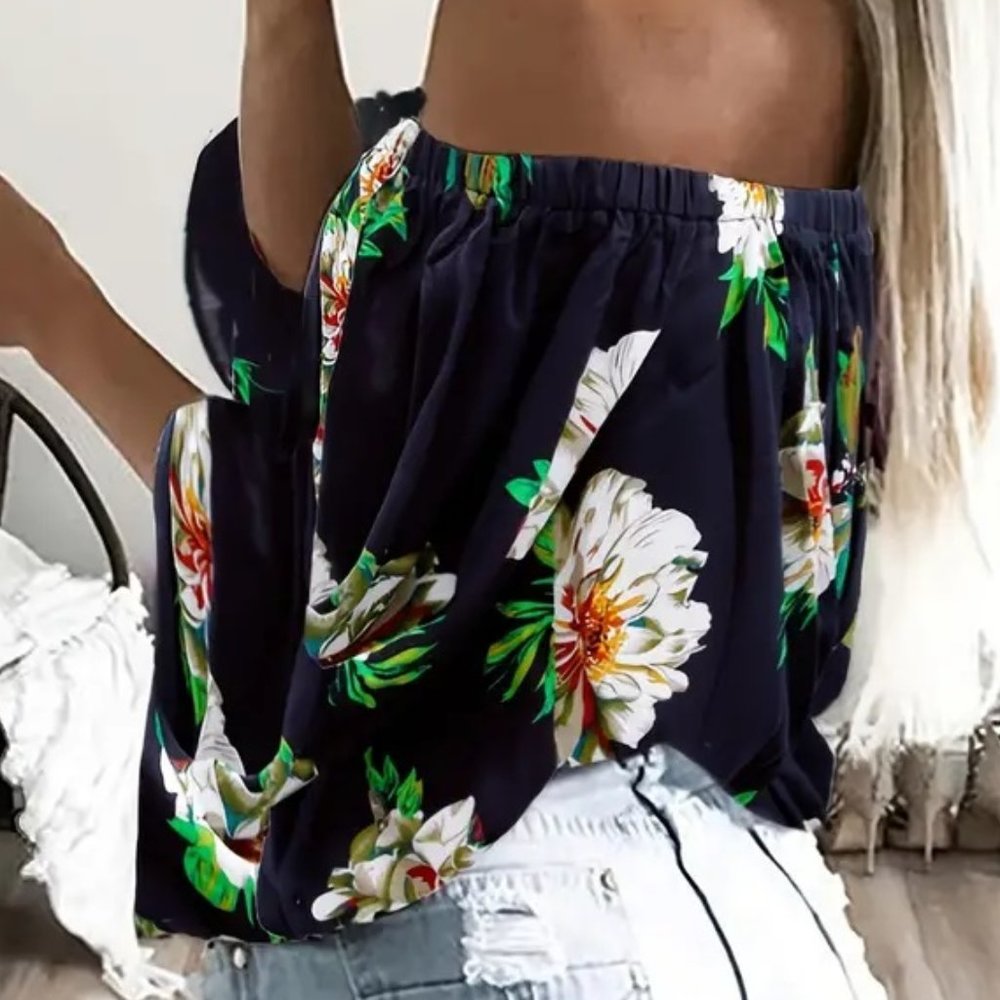 Off The Shoulder Blouse Top Black Floral Print - Medium - NEW - Picture 2 of 6